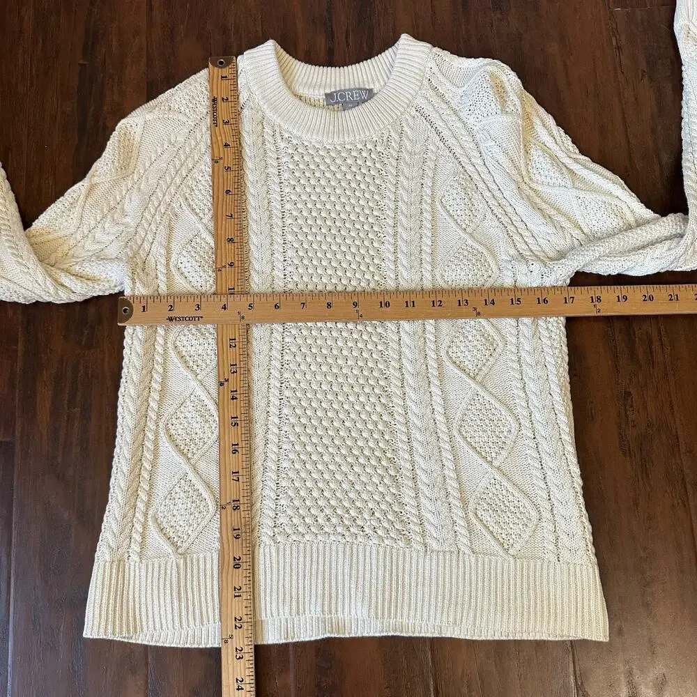 J.CREW Sweater Cream Crew Neck Pullover Cotton Cable Knit Fisherman